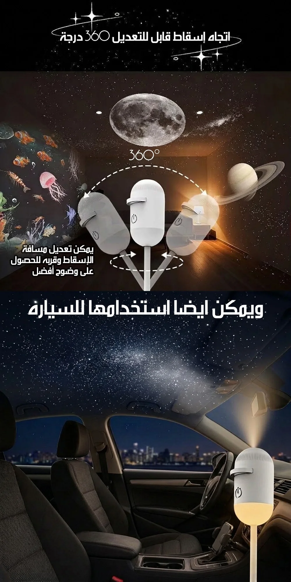 اتجاه إسقاط قابل للتعديل، ويمكن استخدامه داخل السيارة