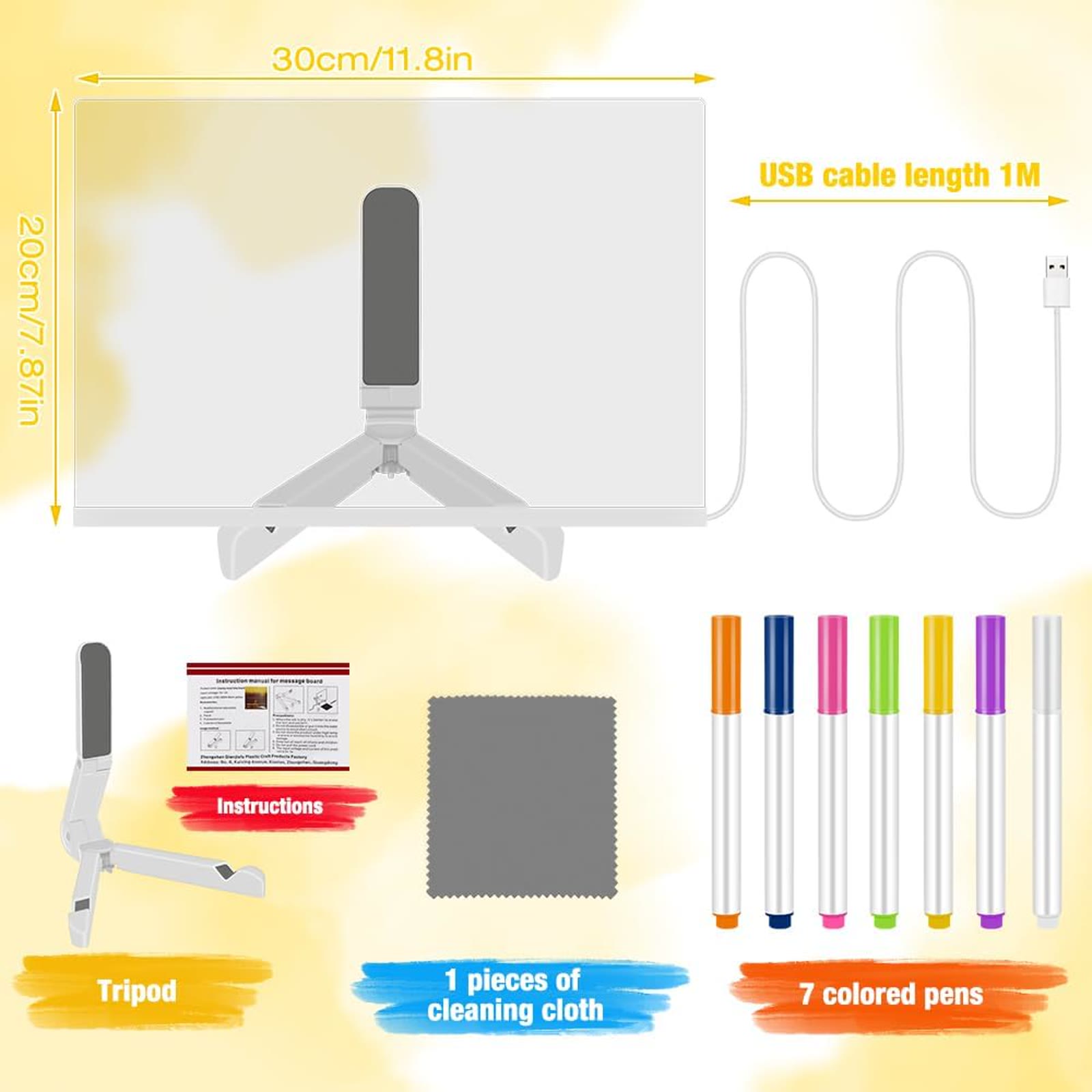 اللوح + حامل + قطعة تنظيف + 7 أقلام + كابل USB